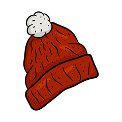 Warm knitted red hat with boubone. Vector illustration isolated on white background, cartoon style