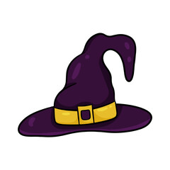 Fototapeta premium Purple witch hat isolated on white background. Cartoon style, vector illustration