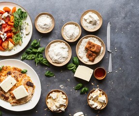 a modern table with cheeses