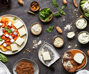 a modern table with cheeses