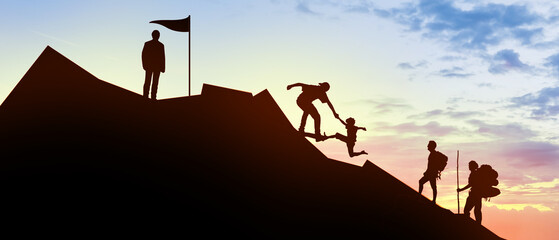 Abstract Creative idea. Silhouette Leadership and goals concept of success are teamwork on sky background - goal and objective target. copy space, banner, website ,3d Rendering