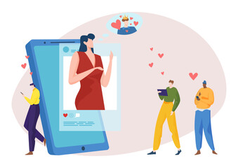 Communication online, social media relationship, vector illustration, flat tiny man people character look at huge mobile screen with woman photo