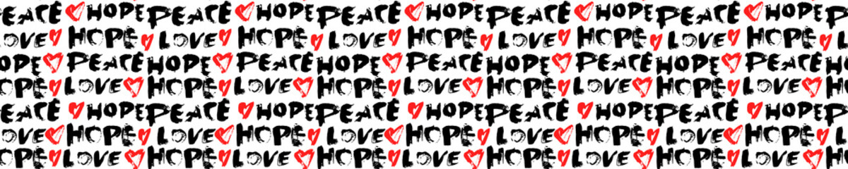 Peace, Hope, Love with Heart Dry Brush Modern Lettering Seamless Pattern