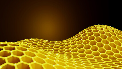 3D illustration of honeycomb yellow hexagon wavy design decorated with golden light. 3D rendering.