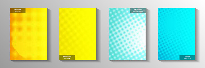 Flat circle perforated halftone cover templates vector batch. Scientific journal faded halftone