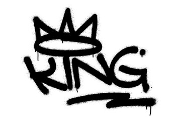 Spray graffiti tagging word KING and stylized crown.