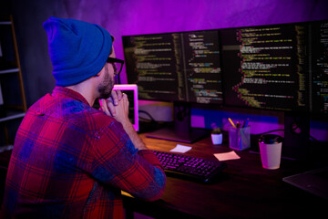 Photo of thoughtful confident guy dressed glasses hat thinking new java script indoors workstation...