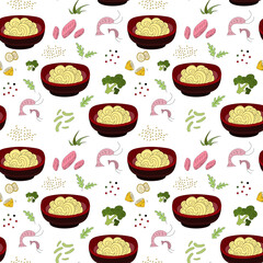 Seamless pattern Chinese eat. Shrimp, fish, noodles, lemon, greens. Asian food. Vector illustration.