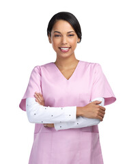 PNG cropped portrait of an attractive young female healthcare worker standing with her arms crossed...