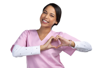 PNG cropped portrait of an attractive young female healthcare worker gesturing a heart shape with her hands in studio.