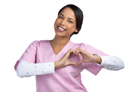 PNG cropped portrait of an attractive young female healthcare worker gesturing a heart shape with her hands in studio.