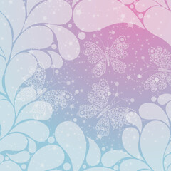 Christmas pink and white gradient card with snowflakes, stars, paisley. and butterflies. For greeting card, Vector