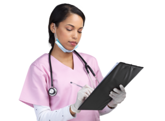 PNG cropped shot of an attractive young female healthcare worker standing with a clipboard in studio.