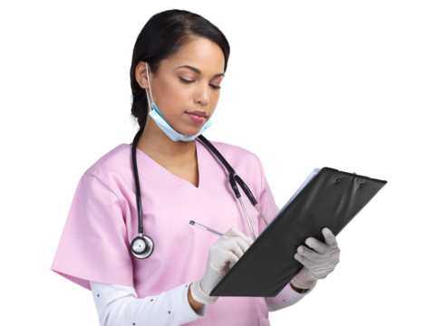 PNG cropped shot of an attractive young female healthcare worker standing with a clipboard in studio.