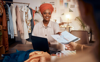 Creative woman, document and laptop in fashion design for analytics, marketing or planning at the...