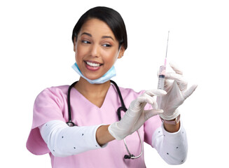 PNG cropped shot of an attractive young female healthcare working holding up a syringe in studio.