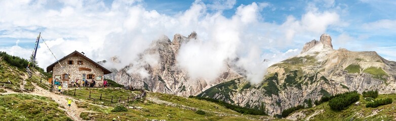 Famous Tre Cime di Lavaredo at summer time. Landscape of Alps Mountains. Dolomites, Alps, Italy, Europe (Drei Zinnen)
