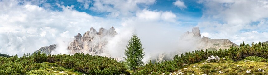 Famous Tre Cime di Lavaredo at summer time. Landscape of Alps Mountains. Dolomites, Alps, Italy, Europe (Drei Zinnen)