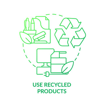 Use recycled products green gradient concept icon. Reusable materials. Eco office culture. Sustainability abstract idea thin line illustration. Isolated outline drawing. Myriad Pro-Bold font used