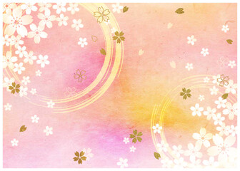 桜筆模様_ピンク和紙背景-横