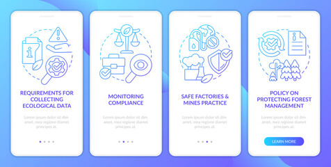 Fototapeta na wymiar Strict ecological democracy laws blue gradient onboarding mobile app screen. Walkthrough 4 steps graphic instructions with linear concepts. UI, UX, GUI template. Myriad Pro-Bold, Regular fonts used