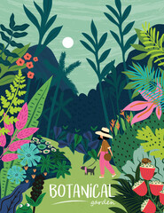 Botanical garden. Vector illustration of a summer and spring woman walking with dog, landscape, mountains, trees, forest. Drawing of a garden for a poster, background or postcard.