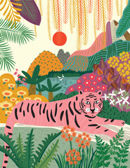 Nature jungle, animals and tropics. Vector illustrations of flamingo, tiger, flowers and textures. Drawings for poster, background and cover