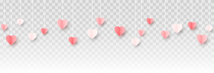 Vector multicolor hanging hearts on an isolated transparent background. Paper hearts png. Paper elements, paper decoration png. Valentine's Day. - obrazy, fototapety, plakaty