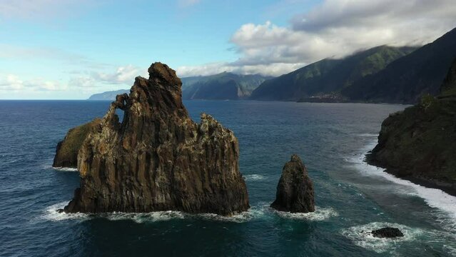 Ilheus da Rib and Janela Volcanic rocks Rock Madeira Island Portugal Aerial view