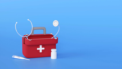 Open 3D first aid kit ,red medicine chest, pill and thermometer isolated on blue background, 3d rendering with medicines for drugstore
