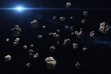 Asteroid belt. Meteorites and Sun.