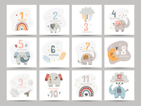 Baby number cards for newborns. Prints featuring cute elephants by month