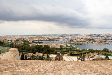 Panoramic view from Valletta fortification garden on Floriana, the bay, and Msida marina - 552054105
