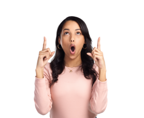PNG of a beautiful young woman pointing at copy space