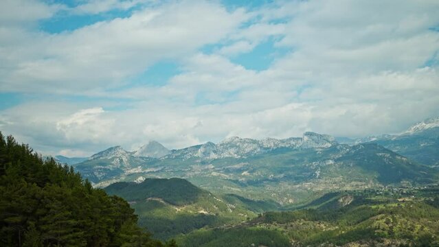 beautiful stunning mountain landscape with mountain ridge, alpine meadows, cloudy dramatic sky and woods on foreground. panoramic footage of nature in Turkey.