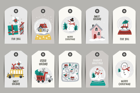Collection of Christmas tags with cars, snowmans.