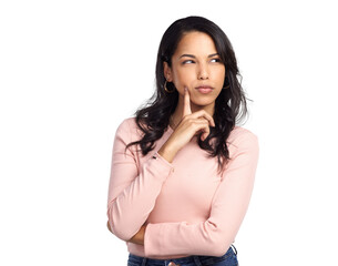PNG of a beautiful young woman looking thoughtful while standing.