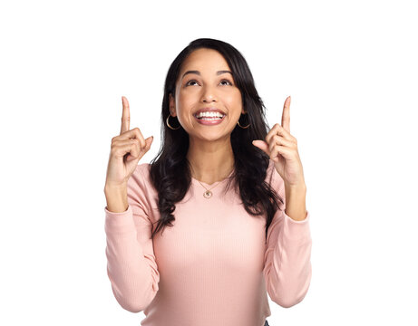 PNG Shot of a beautiful young woman pointing at copy space