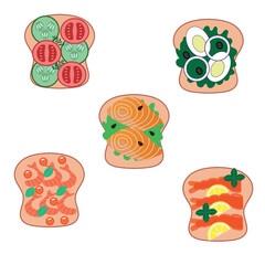 Variety of delicious sandwiches. Sandwich with toast and salmon, cheese and tomatoes, as well as salad and shrimp. Vector illustration in flat cartoon style.