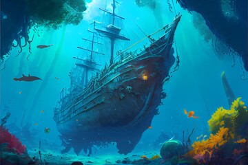 old ship in the deep ocean