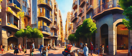 Street view of Barcelona City, Spain, Abstract water color painting. Urban illustration