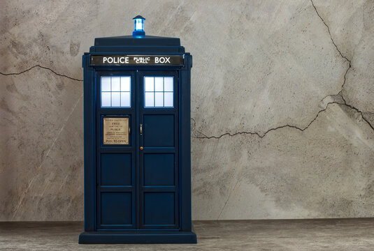 Bologna - Italy - December 1, 2022: Illuminated Police call box. Tardis from Doctor Who