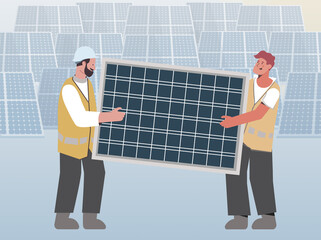 Illustration of two workers Holding panel, ready to install solar panel, in background are other panels, Energy panels to produce electricity Eco-friendly Environment friendly technology