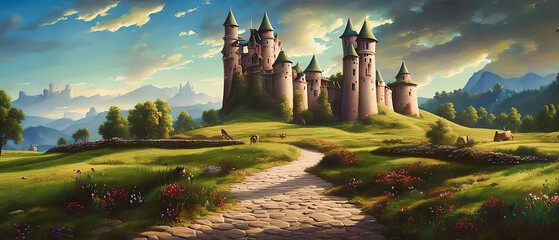Castle illustration on the meadow landscape. - obrazy, fototapety, plakaty