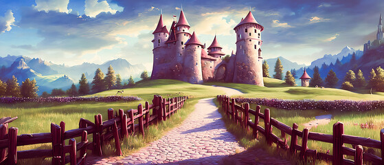 Fototapeta Castle illustration on the meadow landscape. obraz