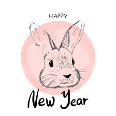 Vector post card with bunny. Rabbit Illustration. New Year card. New Year greeting card design