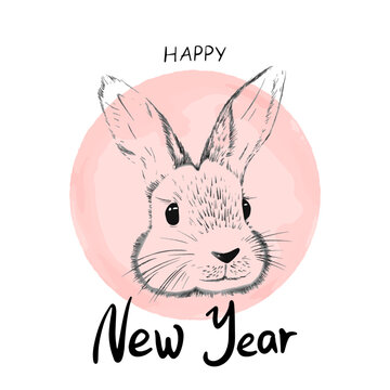 Vector post card with bunny. Rabbit Illustration. New Year card. New Year greeting card design