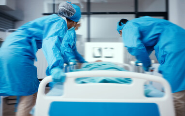 Emergency, operation and hospital with a doctor and team rushing to an operating theater with a...
