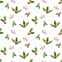 Cute seamless winter pattern with holly berries and leaves on white background. Simple cartoon print for textile design, wrapping paper 