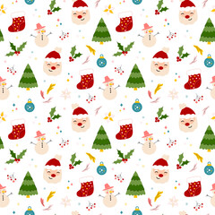 Cute childish winter print with Santa Claus, snowman, evergreen tree, socks and holly berries. Festive cartoon print for kids textile, wrapping paper